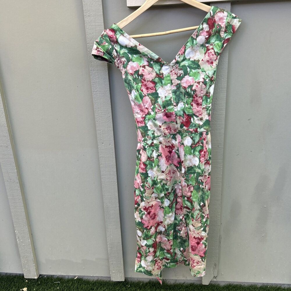 Talbots Sz 10 Dress Empire Waist V Neck Surplice Green Pink Fairy Floral Print - Picture 6 of 13